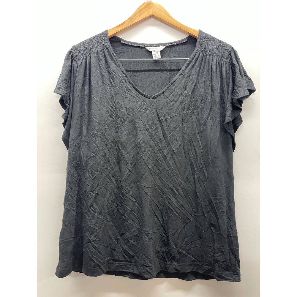 Tommy Bahama Womens Black V-Neck Flutter Sleeve Smocked Shoulder Blouse Top LG